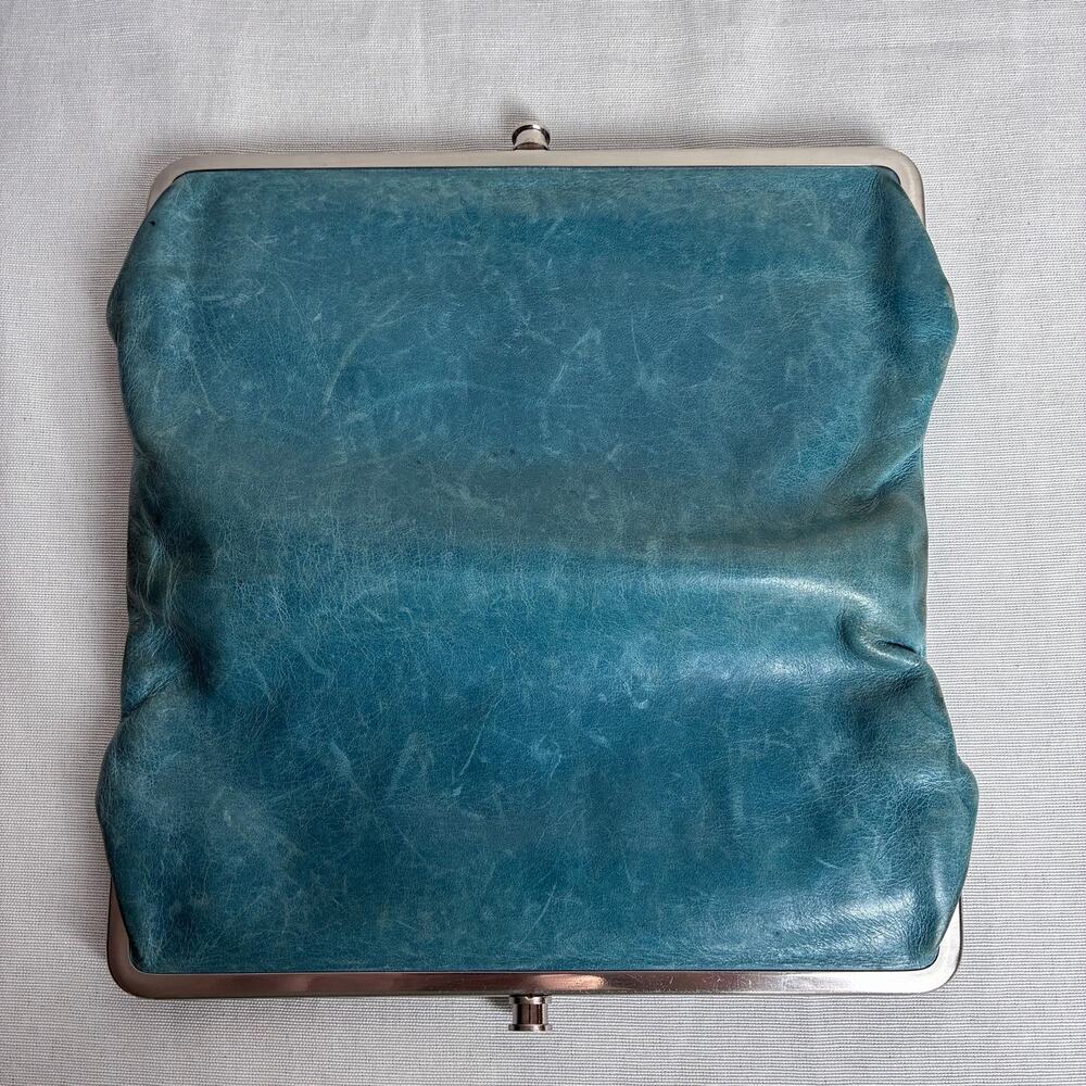 HOBO Lauren Leather Clutch Wallet Double Kiss Lock Frame Blue Boho Distressed - Picture 3 of 8